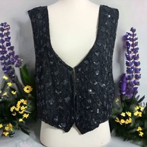 Vintage Silk Sequin Vest S Oversized Encrusted 80s 90s Black Sparkly Bli... - £23.29 GBP