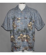 Clearwater Resort Tropical Boats Bungalows Water Palm Trees Button Shirt... - $28.99