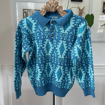 Vintage Quark Sweater Southwestern Blanket Turquoise Aqua Blue Polo Long... - $40.50