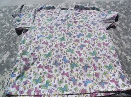 Cassandra O White Green Blue &amp; Purple Butterflies &amp; Flower Print Scrub T... - $9.83