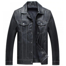 Mens Trucker Black Genuine Leather Jacket With Front Flip Closer Pockets - £102.79 GBP