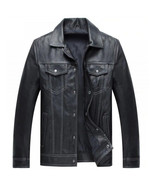 Mens Trucker Black Genuine Leather Jacket With Front Flip Closer Pockets - £99.91 GBP