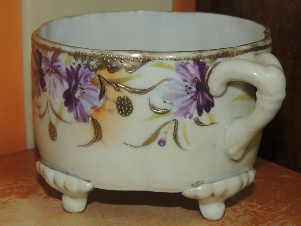 Hand Painted Nippon 5.25" handled dish Gold Accents Moriage bowl Maple Leaf mark Item image 5