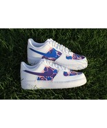 Custom Blue &amp; Purple Camo Air Force 1s – Split Swoosh Design on White Le... - $224.99