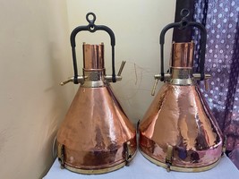 German Industrial Copper, Brass &amp; Cast Iron Pendant Light - Set of 4 - £3,696.87 GBP