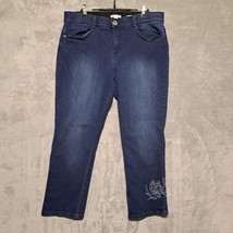 Dana Buchman Women Ankle Jeans Size 14 Blue Embellished Floral Stretch Denim - £14.43 GBP