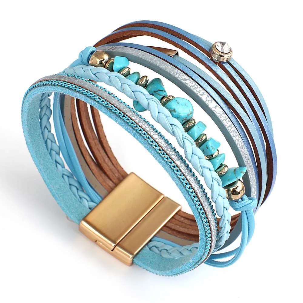 Blue Natural Stone Leather Bracelets for Women Trendy Boho Braided Rope Wide Mul - £15.85 GBP