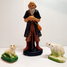 VTG 3 PC Lot Nativity Putz 6&quot; Bald Shepherd Metal Rod +2 Sheep Plaster Chalkware - $14.84