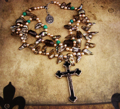 Large Rosary necklace /  Miraculous Medal / Bohemian necklace / Genuine pearls / - £184.85 GBP
