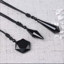Black Obsidian Pendant Necklace Obsidian Star Pendant Lucky Crystal Jewelry - £19.69 GBP