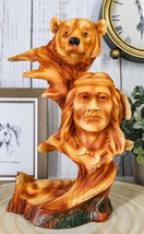 Native American Indian Warrior Chief With Black Bear Faux Wood Resin Fig... - $32.99