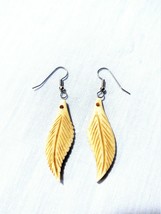 Carved Bone Feathers In Antiqued Coloring Double Sided Dangle Pair Earrings - £10.93 GBP
