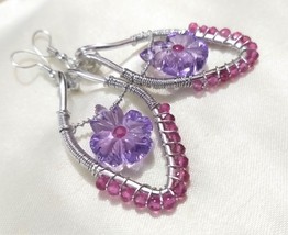 Natural Amethyst Hand Carving Leaves and Rubellite Earrings  - £108.71 GBP