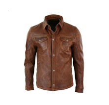 Men brown leather shirt designer sheepskin men leather jacket dress shirt #29 - £123.83 GBP+