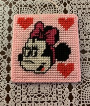 Handmade Needlepoint Sign Disney Minnie Mouse Pink Hearts 4 In Square Brand New - £9.88 GBP