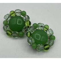 Vtg Lime Green Beaded Button Earrings Clip On Jadeite 1&quot; 1940s 1960s Chartreuse - $12.19