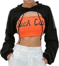 Women&#39;s Pullover Crop Top Hoodie Black Long Sleeve Mesh Ultra Short Blouse NEW - £10.37 GBP