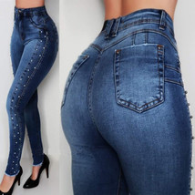  2021 New Women Dark Blue High Waist Beaded Jeans High Stretch Denim Pen... - £24.47 GBP