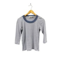 Rebecca Malone Shirt Womens Small Blue Striped Blouse 3/4 Sleeve Decorative Neck - $18.37