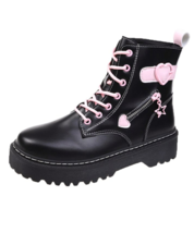 Black &amp; Pink Heart Lace Up Combat Boot - £39.95 GBP