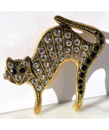 Arched Cat Brooch Vintage MCM Gold Tone Metal Kitty Pin Clear/Black Rhin... - $33.20