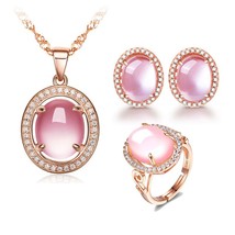 MOONROCY Rose Gold Color Oval CZ Crystal Ross Quartz Pink Opal Necklace Earrings - £17.69 GBP