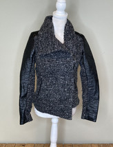 H&amp;M women’s full zip wool Tweed Faux Leather jacket size 4 black F4 - £14.95 GBP