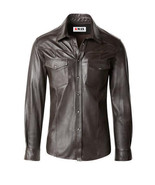 Men’s Perl Snap Button Classic Style Dark Brown Sheepskin Leather shirt - $134.99 - $152.99