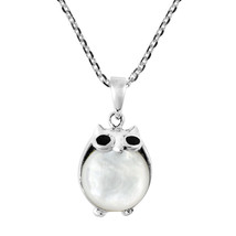 Cute and Chubby Night Owl w/ Mother of Pearl Shell Sterling Silver Necklace - £15.76 GBP