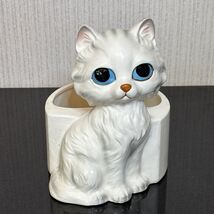 Lefton Gray Tabby Cat Planter Figurine Blue Eyes Mid Century Kitty Japan... - $23.02