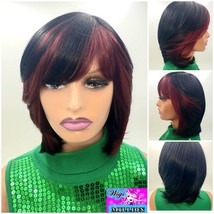 Monique&quot; Black mixed W/Burgundy Synthetic Bob Wig, Side Bangs, Glueless Wig, Ful - £47.80 GBP