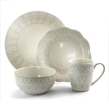 Elama White Lace 16 Piece Luxurious Stoneware Dinnerware with Complete Setting f - £64.03 GBP