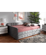 Avery Gray Velvet Fabric Button Tufted Queen Size Daybed w/Trundle - $13,743.72 MXN