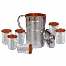 Beautiful Copper Steel Water Pitcher 6 Drinking Tumbler Ayurveda Health Benefits - £56.33 GBP
