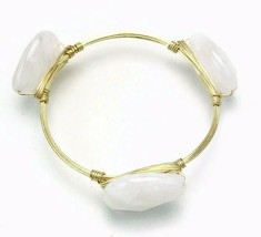 Gold Tone Wire Wrapped Faceted Teardrop Pink Rose Quartz Stone Bangle Br... - $18.81