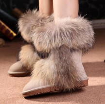 New Arrival Genuine Leather Big Fox Fur  Woman Snow Boots 100% Natural Fur Snow  - £120.67 GBP