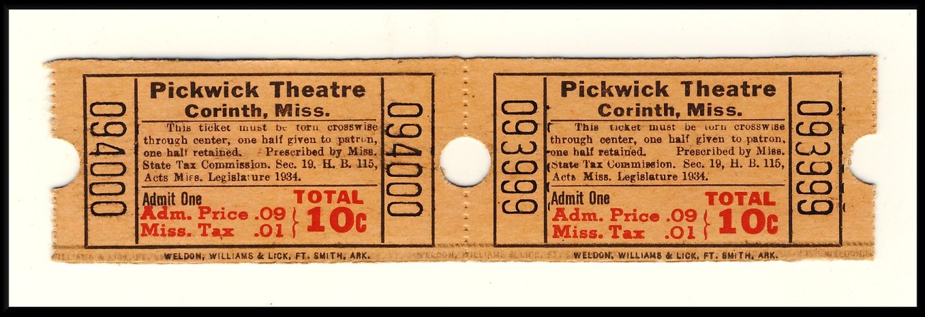 2 Pickwick Theatre Tickets, Corinth, Mississippi/MI, 1950&#39;s? - $2.95
