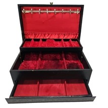 Mele Jewelry Box 3 Tier Large Black Leather Red Velvet Drawers Vtg - £82.86 GBP