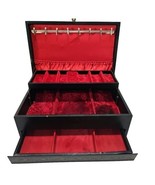 Mele Jewelry Box 3 Tier Large Black Leather Red Velvet Drawers Vtg - €89,61 EUR