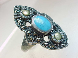 Genuine TURQUOISE and MARCASITE Vintage RING in Sterling Silver - Size 8 - $70.00