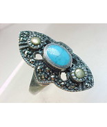 Genuine TURQUOISE and MARCASITE Vintage RING in Sterling Silver - Size 8 - £55.30 GBP