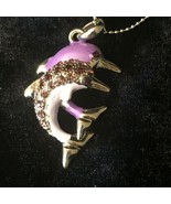 New Dolphin Pendant Necklace Enamel Purple Lilac Rhinestone Double Fish ... - $14.20