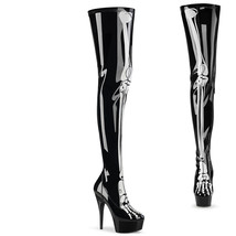 PLEASER Sexy 6&quot; Heel Black Platform Skeleton Bone Print Stretch Thigh High Boots - £85.47 GBP