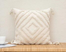 Natural  Boho Cushion Cover Cotton Cushion and Tassels Tufted Pillows Handmade - £28.72 GBP