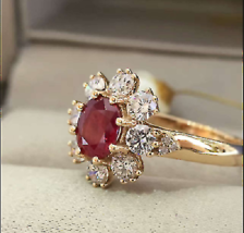 2.00Ct Oval Cut Ruby &amp; Diamond Halo Engagement Wedding Ring 14K Yellow Gold Over - £80.31 GBP