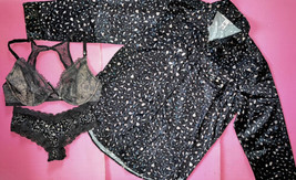 Victoria&#39;s Secret Unlined 36D Bra Set+M Panty+L Pj Shirt Gray Lace Animal Print - £78.21 GBP