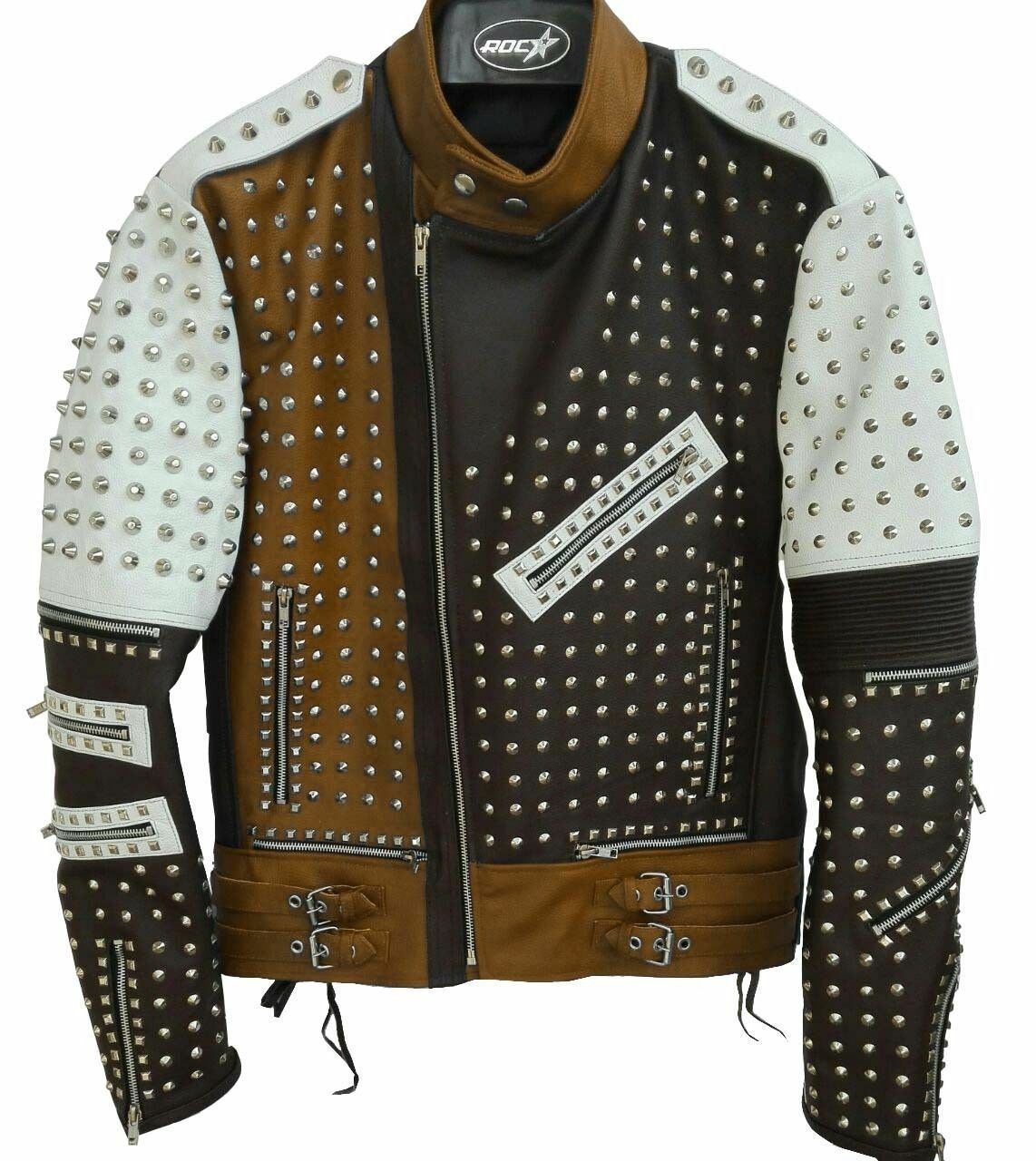 Men's Brown Black White Contrast Biker Genuine Leather Silver Spike Studs Jacket