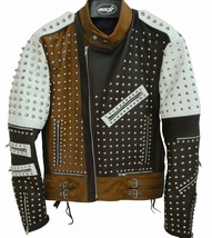 Men&#39;s Brown Black White Contrast Biker Genuine Leather Silver Spike Studs Jacket - £201.19 GBP