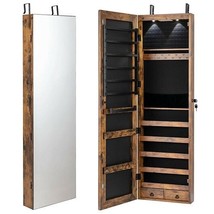 Wall and Door Mounted Mirrored Jewelry Cabinet with Lights-Rustic Brown - $144.95