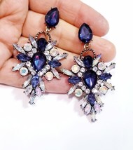 Rhinestone Drop Earrings, Navy Blue Crystal Earrings, Bridal Prom Pageant Jewelr - £28.65 GBP